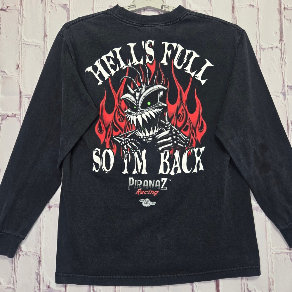VTG Y2K Piranaz Drag Racing NHRA Shirt Black Hells Full Graphic L/S Men M